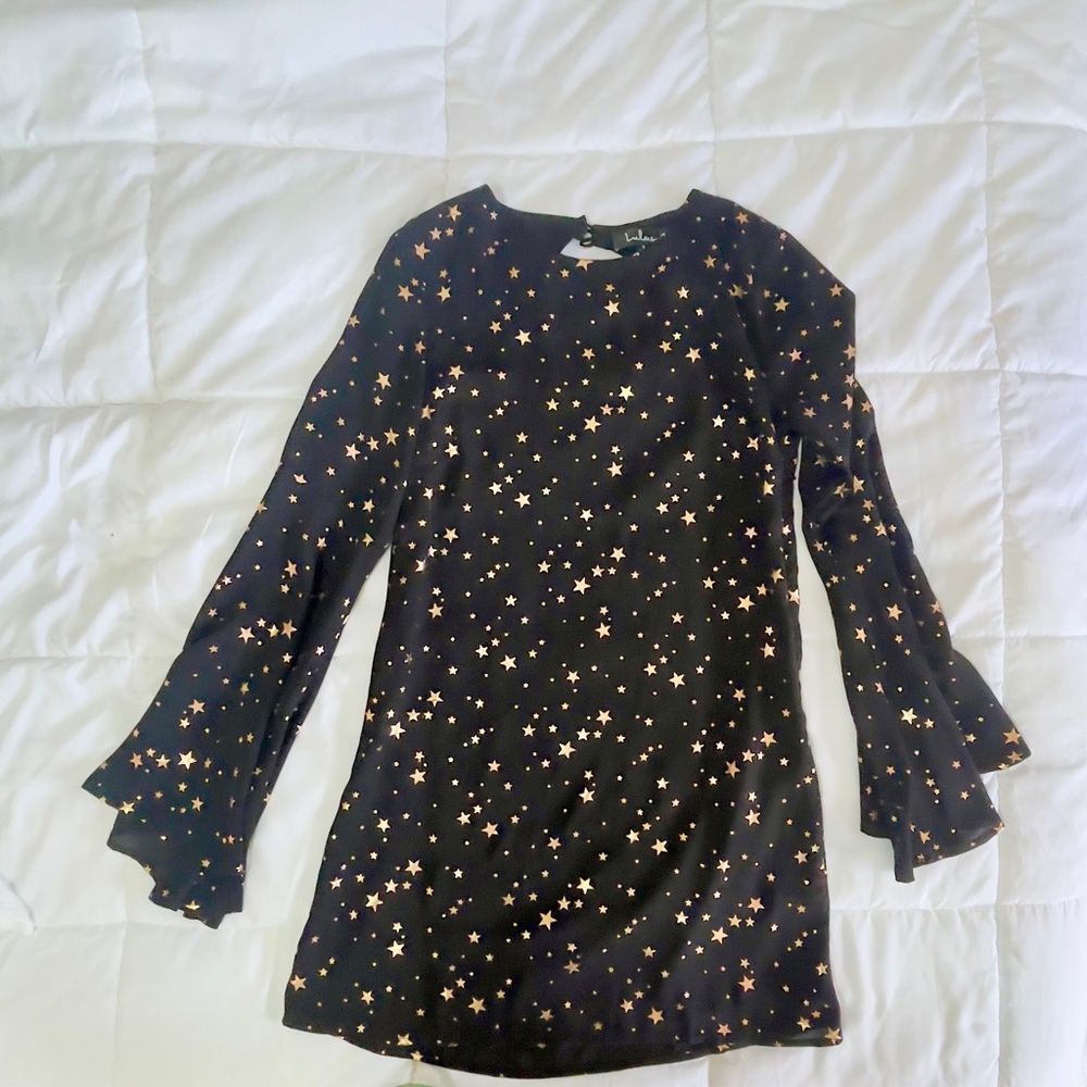 Lulu's Black & Rose Gold Extra Celestial Star Print Shift Dress - Picture 3 of 6